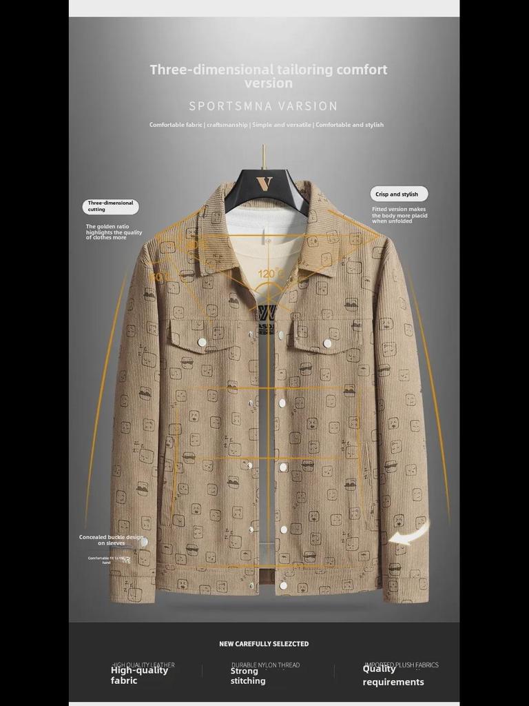 Men's Spring/Autumn Corduroy Lapel Jacket - Fashionable, Casual, Full-Print, Large Sizes Available.