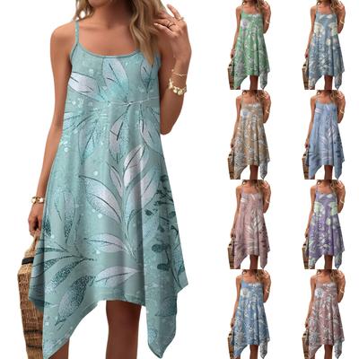 Женское летнее повседневное винтажное платье с цветочным принтом, круглым вырезом, регулируемыми подтяжками и карманами