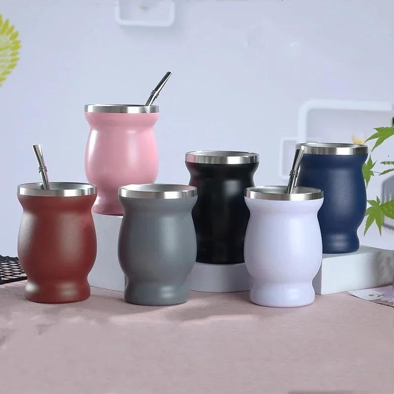 240ml Stainless Steel Mate Cup Argentinean Gourd Shaped Double Insulated Cup Mini Gourd Cup with Stir Filter Straw Spoon Set