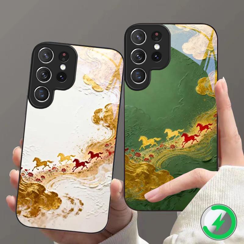 Золотой конь скачет Подходит для Samsung Galaxy S25 Ultra S20 FE S21 S22+ S23 Plus S24 S26 Edge магниты Стекло Чехол для телефона