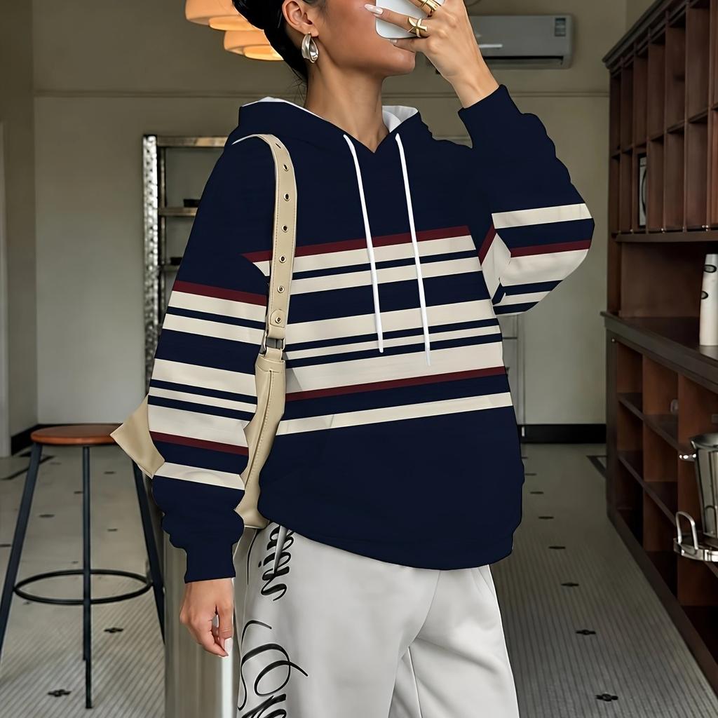 Women's horizontal striped hooded sweatshirt, drawstring hooded design, long sleeves all-over striped print, retro casual style