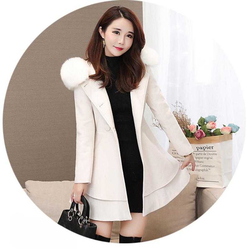 Women's Contrast Color Fur Collar Woolen Coat Nizi Coat Korean Style Slim Style