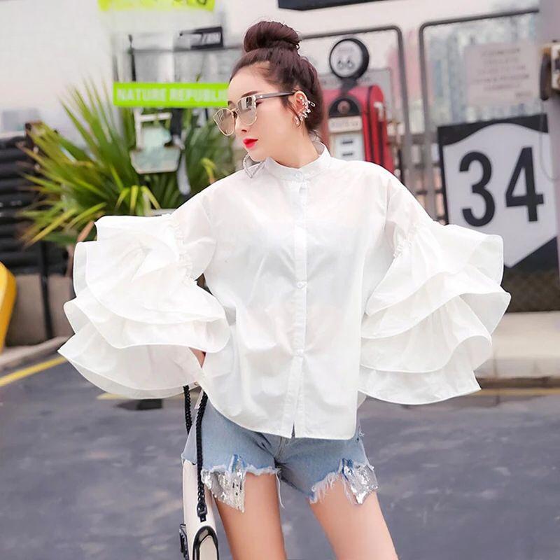 Стильная рубашка, женская, многослойная, с оборками, расклешенные рукава, свободные топы с воротником-стойкой