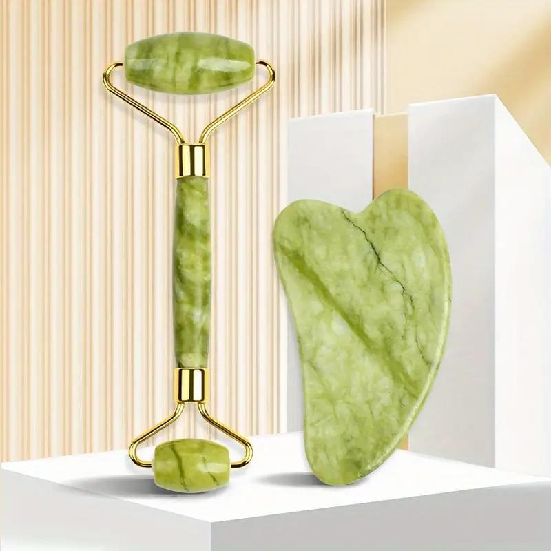 2pcs Natural Jade Stone Scraper, Massager Set, Multifunctional Massage Roller With Face Scraping Tablet