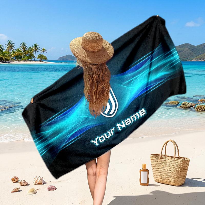 Juventus FC Custom Beach Towel, Personalized Name Text Print, Football Logo Soft Quick‑Dry Towel Holiday Gift