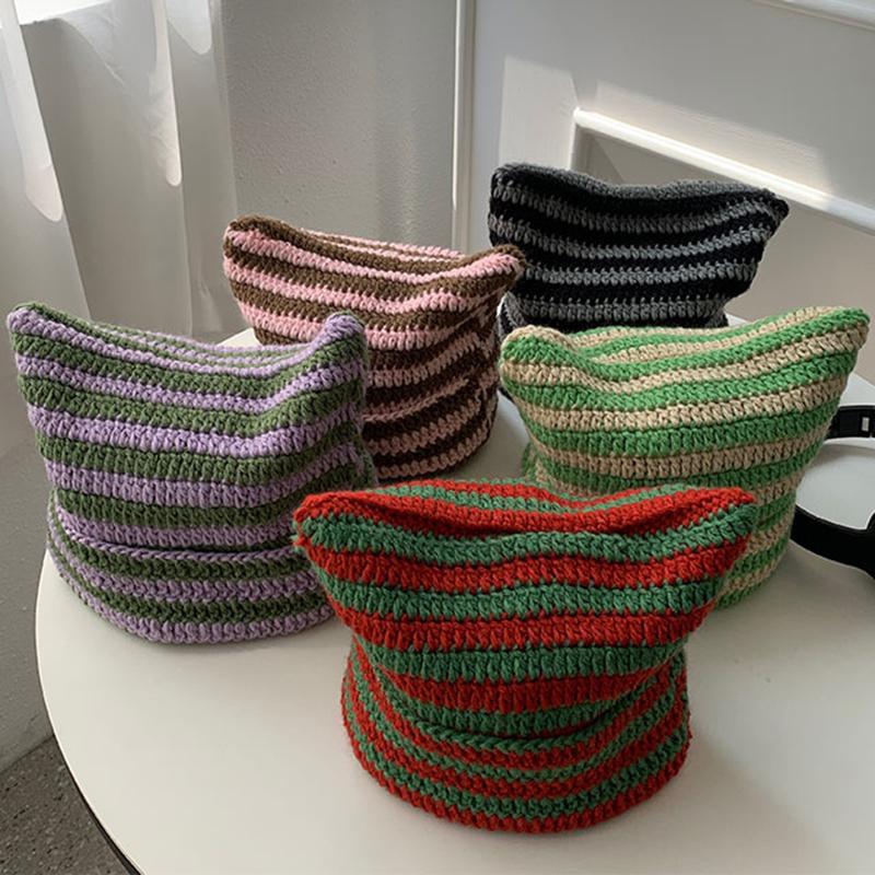 Милая вязаная шапка-бини в полоску с рогом дьявола, осенне-зимняя вязаная шерстяная шапка, острый пуловер для девочек с кошачьими ушками, женские шапки с капюшоном