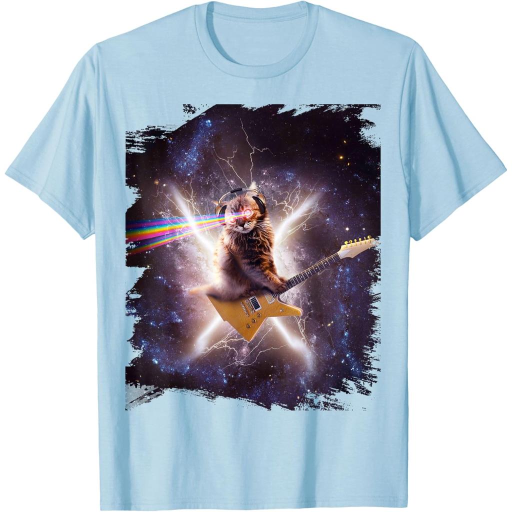 Laser Cat Playing Guitar Space Galaxy Lightning Graphic Mens Tshirt