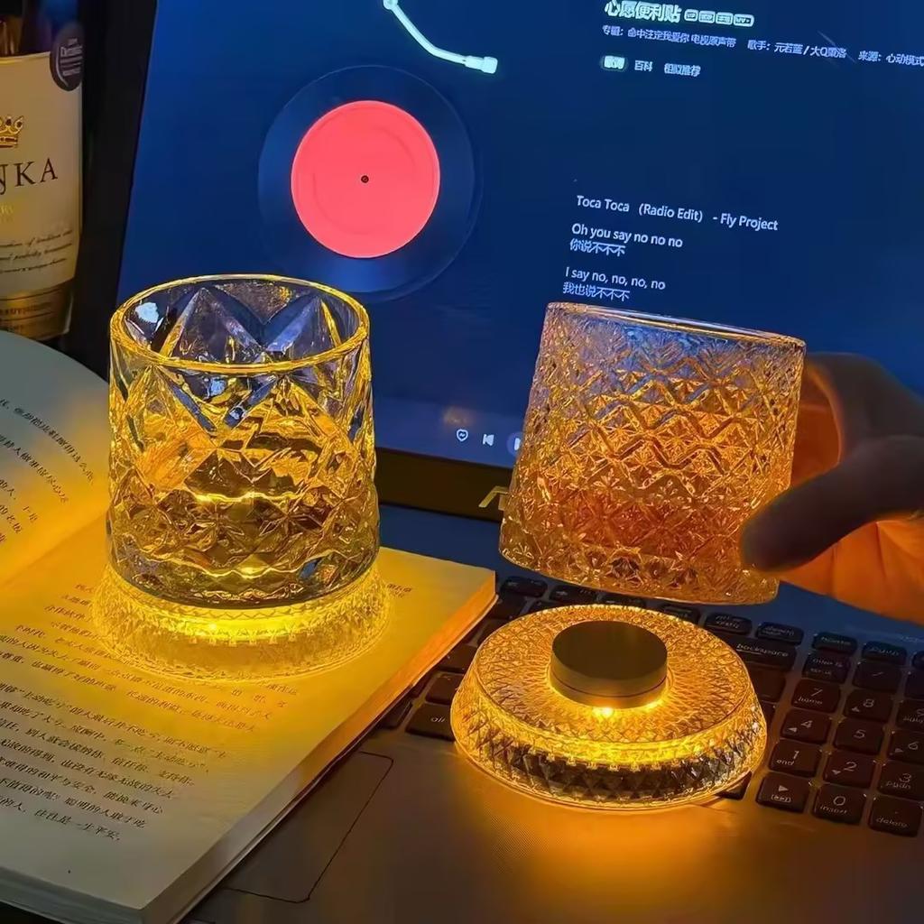 Rotating Whiskey Cup With Led Lamp Holder Crystal Glasses Tumbler for Cocktail Scotch, Bourbon, Gin, Brandy Home Bar Accessories