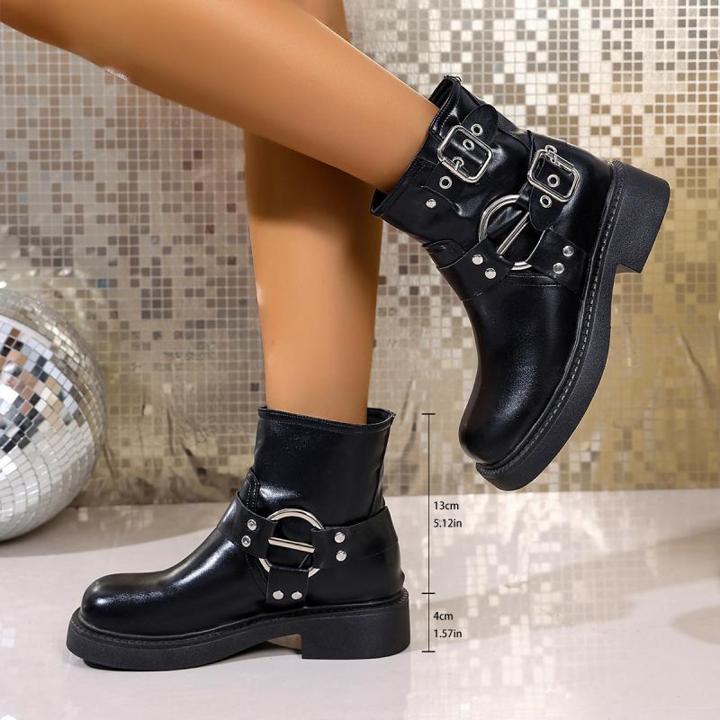 Fashion Punk Metal Belt Buckle Decoration Ankle Boots Women 2025 Autumn Medium Heel Slip On Western Booties Bohemia Brown Riding Boots