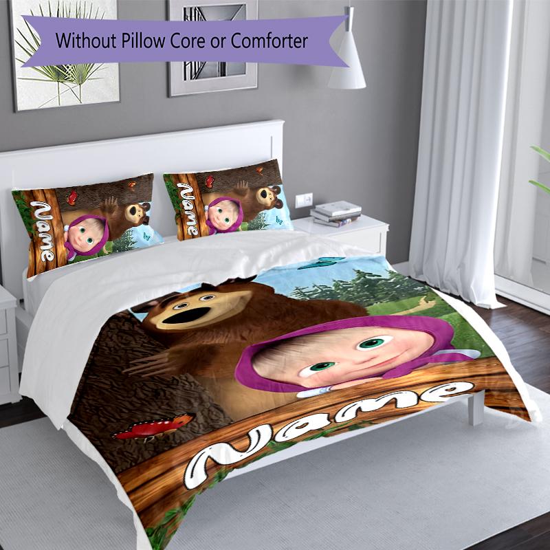 3pcs Custom Name Masha and the Bear Set,Includes 1 Duvet Cover and 2 Pillowcases,All-season Bedroom Decor