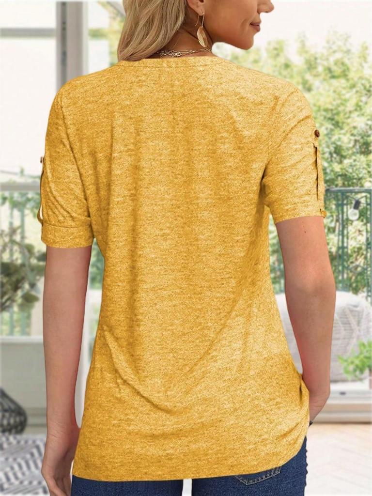 Women's Pleated V Neck T-Shirt Short Sleeve Solid Color Zipper Summer Casual Top