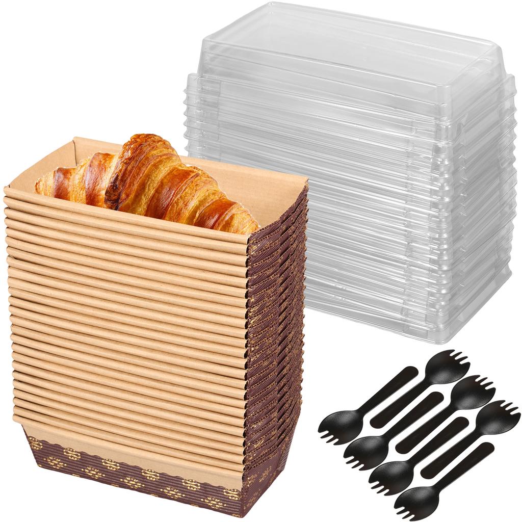 25Pcs Paper Baking Pan Reusable Paper Mini Loaf Pan with Lid and Fork Stackable Rectangular Paper Pan Mold Bread Cake Box
