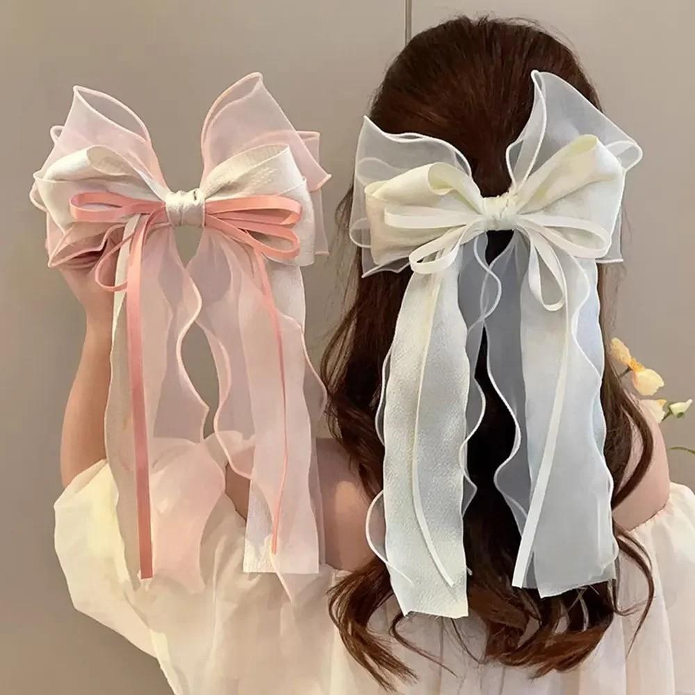 Lace Bow Ribbon Hair Clips Long Tails Ribbon Satin Hairpins Fashion Coquette Barrettes Women Girls