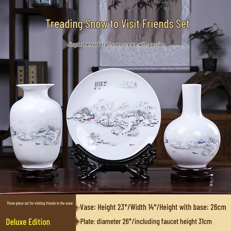 Good Fortune Jingdezhen Ceramic Vase Set: 3-Piece Décor for Living Room, Curio Shelf, or TV Cabinet