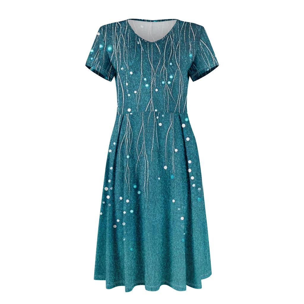 Womens Summer Dress Short Sleeve V Neck Short Dresses Fashion Casual Flowy A Line Swing Sundress With Pocket