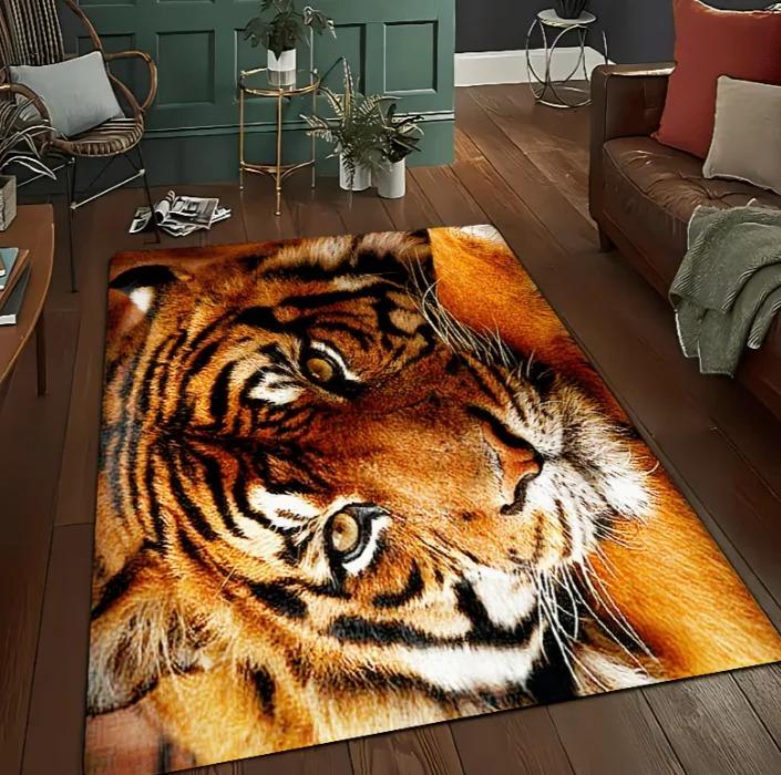 3D Tiger Print Area Rug Pattern Floor Carpet Non Slip Washable Mat Cool Wildlife Decor Rug For Living Room Bedroom Indoor Home