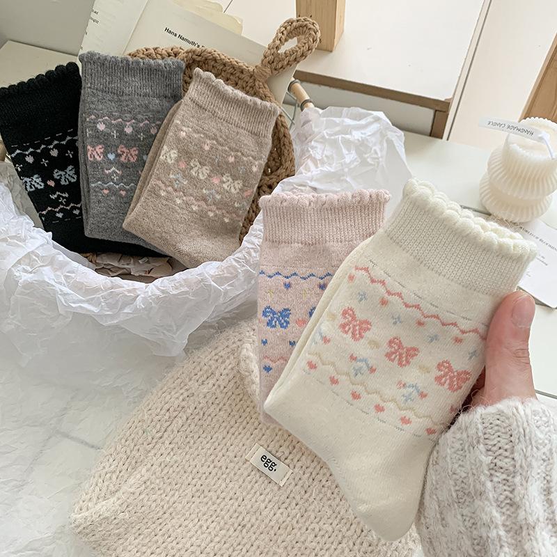 Mid-calf Socks for Autumn and Winter, Women's Bow-trimmed Warm Cloud Fleece Socks, Pile Socks