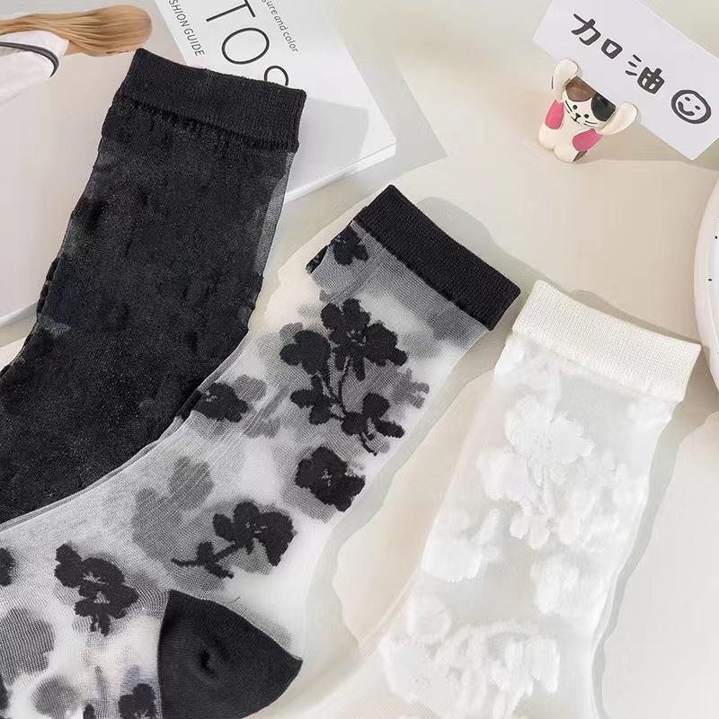 Summer Ultra-thin Transparent Nylon Long Socks Stockings Japanese Fashion Flower Knee Socks Vintage Crystal Silk Socks Stockings