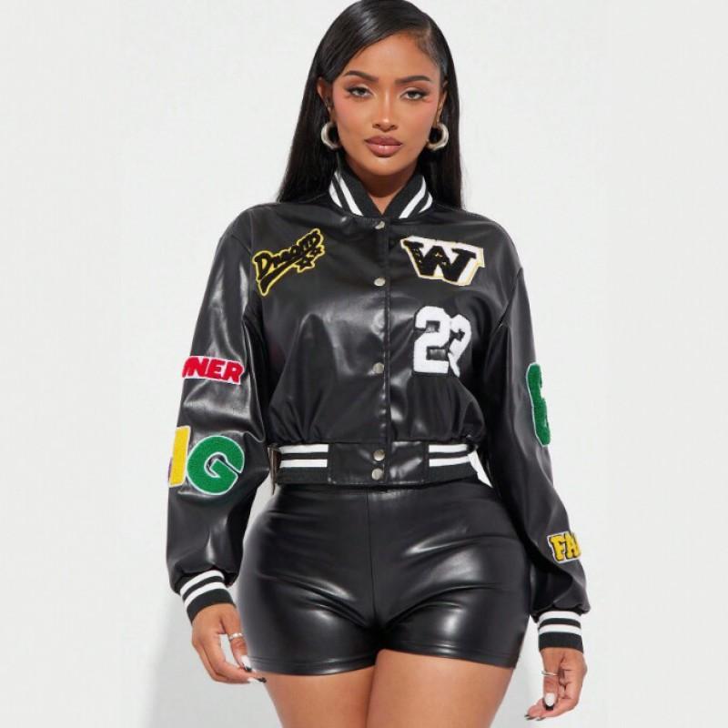 Женская укороченная косуха из искусственной кожи Streetwear Короткий жилет с вышитым воротником Черный S M L XL