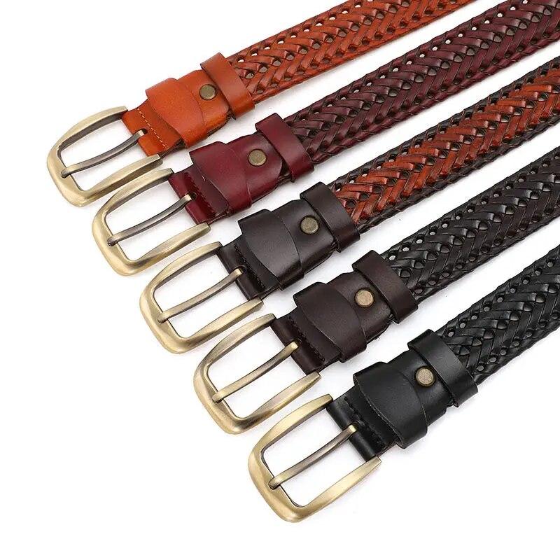 Men Genuine Leather Braided Belts Webbing High Quality Hand Vintage Belts for Men Gold Pin Buckle Casual for Jeans Strap HQ212