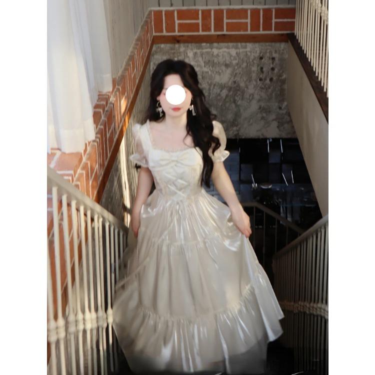 Элегантные женские платья с коротким рукавом, вечернее платье во французском стиле, тонкое повседневное однотонное платье с квадратным воротником и бантом, новое весенне-летнее платье