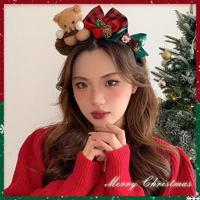 Рождественский красный ободок с рогами и мультяшным медведем и кроличьими ушками для женщин и детей