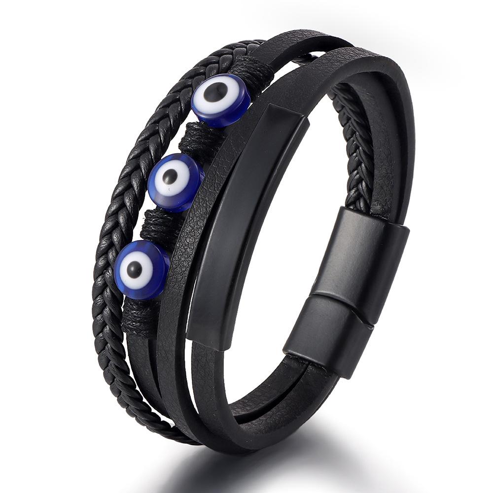 Men's Bracelet Evil Eye Magnetic Clasp Leather Braided Cuff Punk Jewelry Black Silver