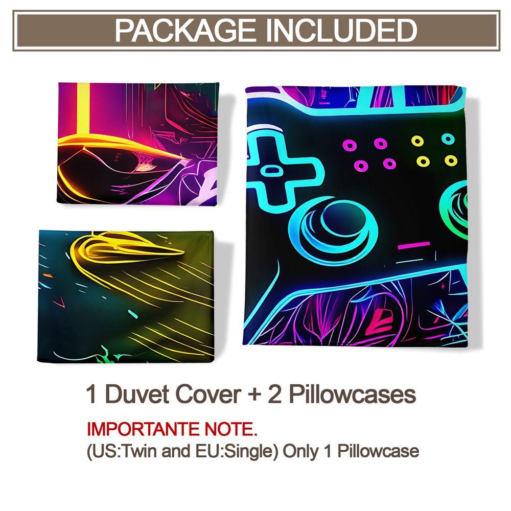 Neon Gaming Controller Duvet Cover Set(1 Duvet Cover & 1/2 Pillowcase)Cool E-sports Bedding Set For Teens Bedroom Decor