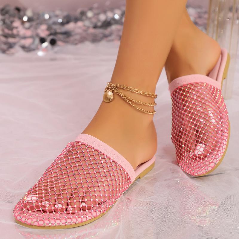Большие размеры, женская обувь из сетки, летняя, мягкая подошва, универсальные, в иностранном стиле, босоножки на низком каблуке со стразами, пляжные тапочки