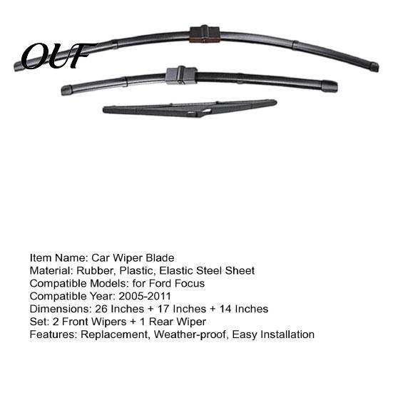 Easy Install Wiper Blades 3Pcs/Set Car Kit for Ford Focus 2005-2011, 26/17/14-inch Front Weather Resistant Rear Kit, Auto Replacement Windshield Beam