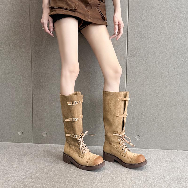 Retro Martin boots women's new autumn versatile thick heel medium tube knight boots strap round head western short boots
