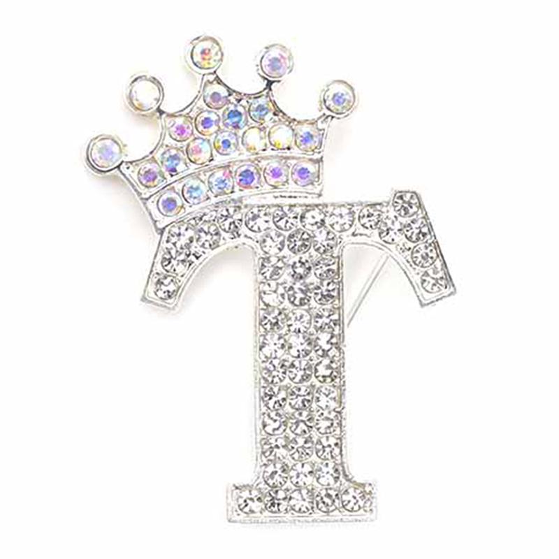 Fashion Crown 26 Initial Letters A To Z Crystal Rhinestone Brooch Pins Women