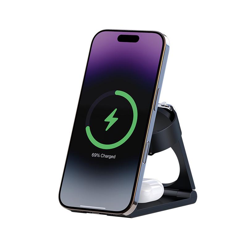 3-in-1 Foldable Wireless Magnetic Charger Stand for iPhone, Earbuds, and Watch - 15W Portable