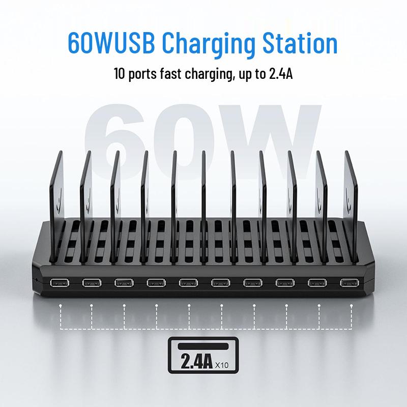 10-Port Universal USB Charging Station with Type-C for Tablets & Phones