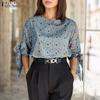 Women Casual Round Neck Lace Up Half Sleeve Loose Print Blouse