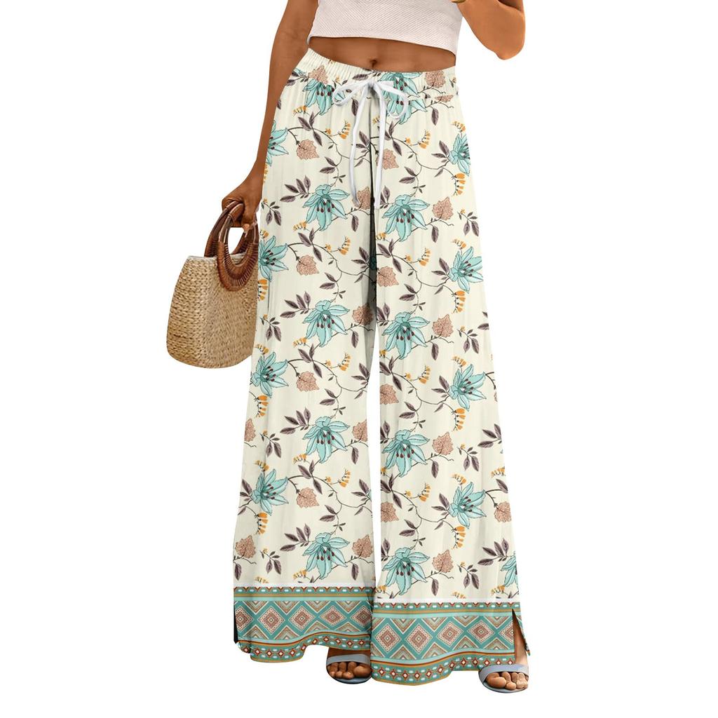 Женские летние брюки-палаццо в стиле бохо с высокой талией, широкие повседневные брюки с цветочным принтом и карманами