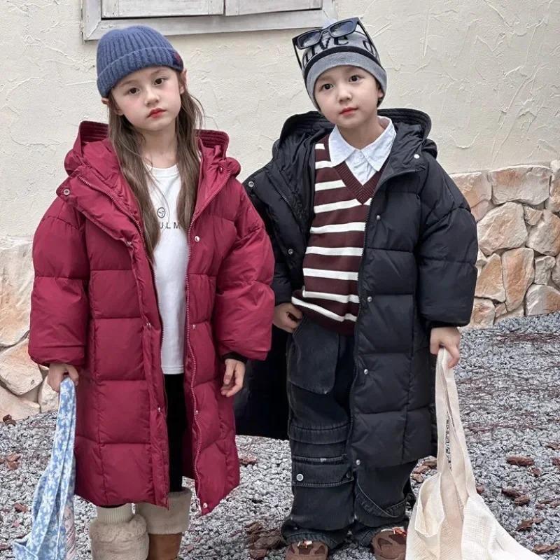Детская белая куртка-пуховик из утиного пуха, толстая теплая длинная верхняя одежда для мальчиков и девочек, парки 2024 года, зимние новые повседневные подростковые детские пальто