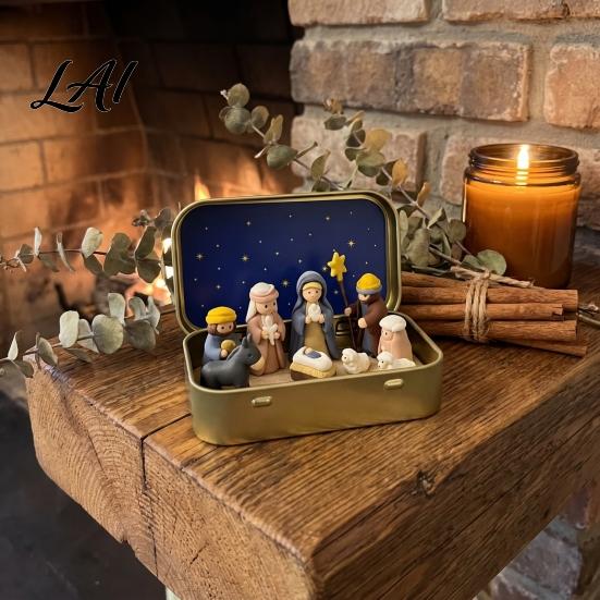 Sunday School Teacher Gifts Mini Christmas Tin Box in Nativity Set Hand-Painted Resin Miniature Bethlehem Ornaments Holy Family Figurines