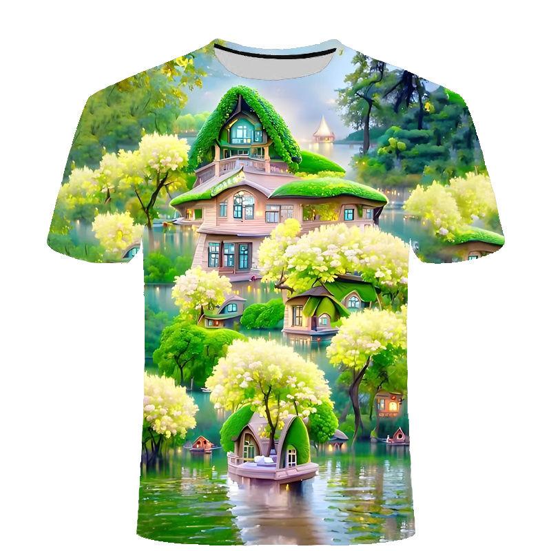 2024 Summer New Spring/Summer Landscape Series 3D Digital Printed T-shirt for Casual and Comfortable Men and Women Round Neck T-shirt
