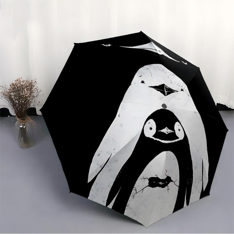 1pc Penguin Family Adventure Auto Open/close, 8-Rib Iron Frame, Compact Folding Cute Umbrella All-Season Portable Umbrella for Travel 030