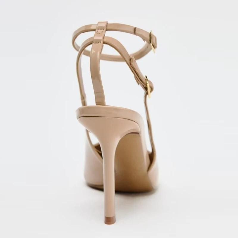 Summer New Baotou Patent Leather Stiletto Sandals Women's Pointed Toe Shallow Mouth Slip Strap Non-slip High Heels