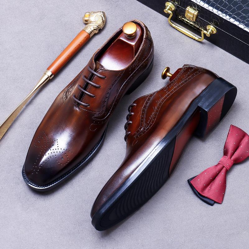 Luxury Men's Oxfords Genuine Leather Brogue Brown Lace Up Wingtip Dress Shoes for Men Office Wedding Party Formal Footwear