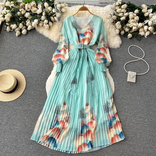 French Chic Dress for Women V-neck Plant Printed Lantern Sleeve Pleated Long Dresses Autumn Dress Female A-line
