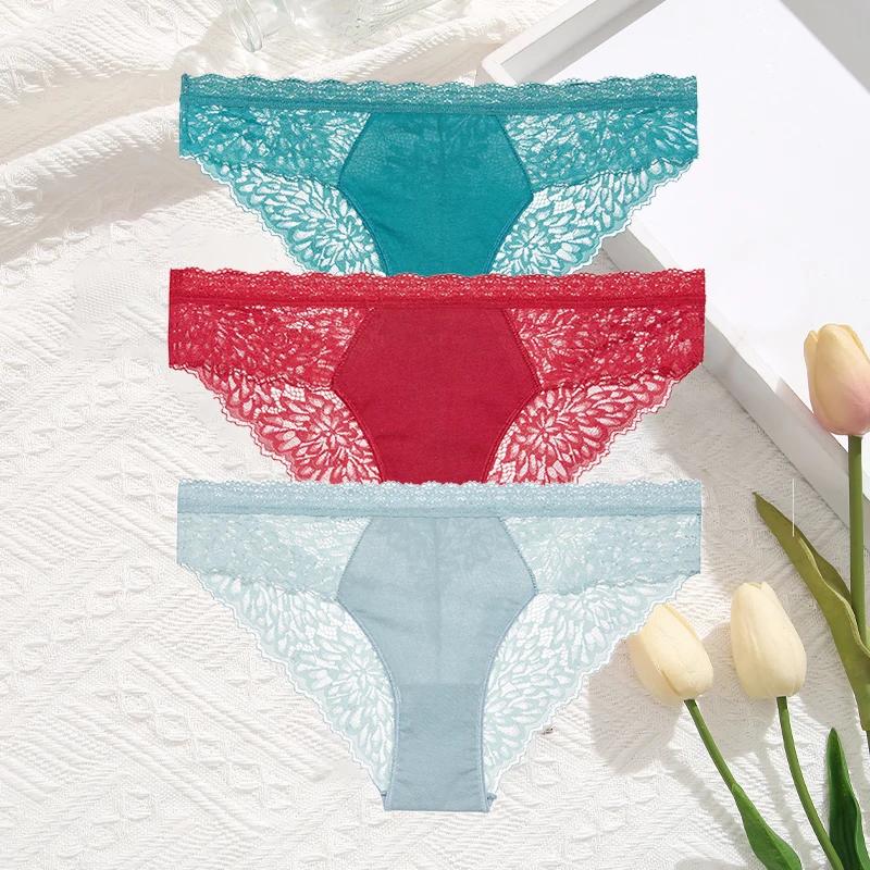 3Pcs/Set Women Sexy Lace Panties Transprant Hollow Out Low Waist Briefs Female Solid Soft Breathable Comfort Underwear Lingerie