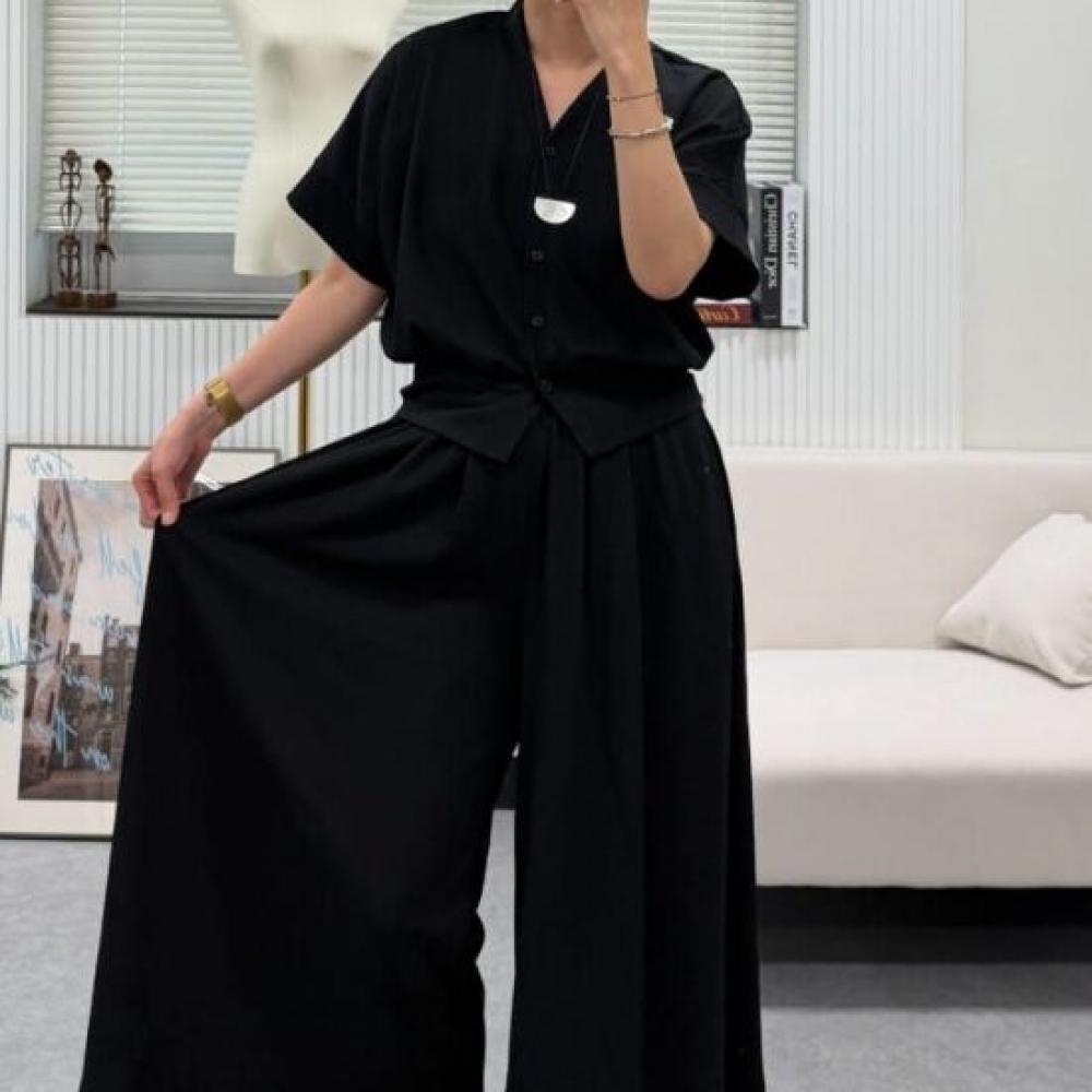 Dabimong Weave Skirt Pants Short Sleeve Cardigan Setup Black 5588