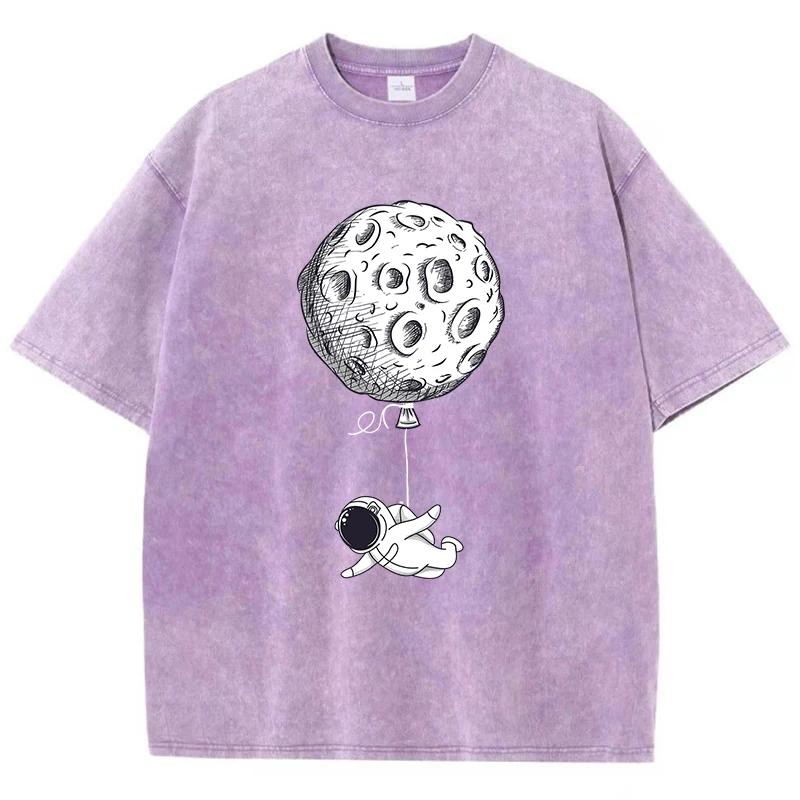 Floating Astronaut Printing Female Washed Short T-Shirt Fashion Casual Tshirt Street Hip Hop Tops Summer Loose Distress Clothes