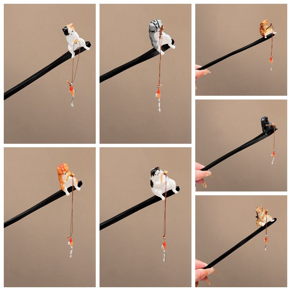 Tassel Wooden Hair Stick Cat Fishing Hanfu Hairpin Retro   for Women