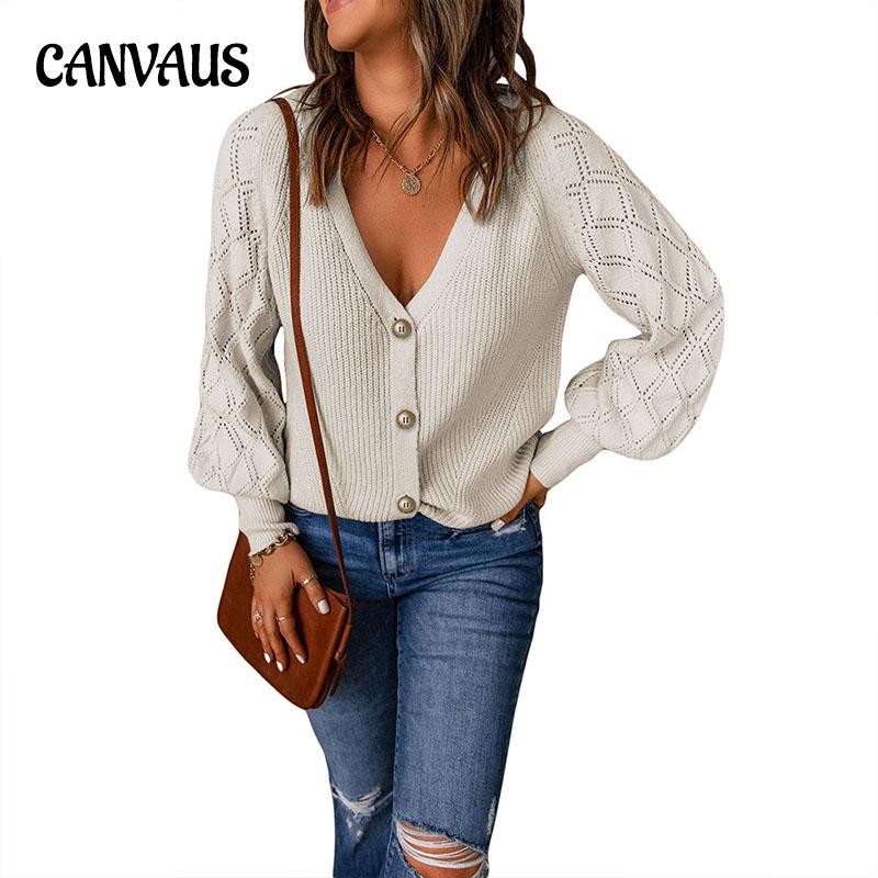 Осенний женский трикотаж, однотонный трикотаж с ромбами и объемными рукавами, свободный однобортный кардиган, свитер