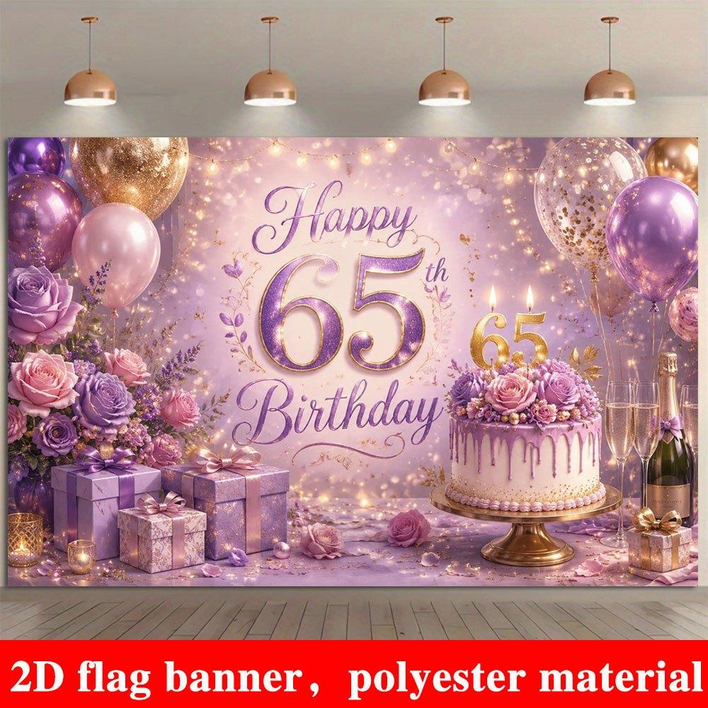 2D Flat Banner, 65th Birthday Backdrop, Purple and Golden Balloons, Flowers, Cake, Gift Box
