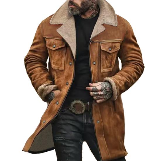 Men Jacket Autumn Winter Woolen Coat Lapel Single-Breasted Mid-Length Windproof Jacket Suede